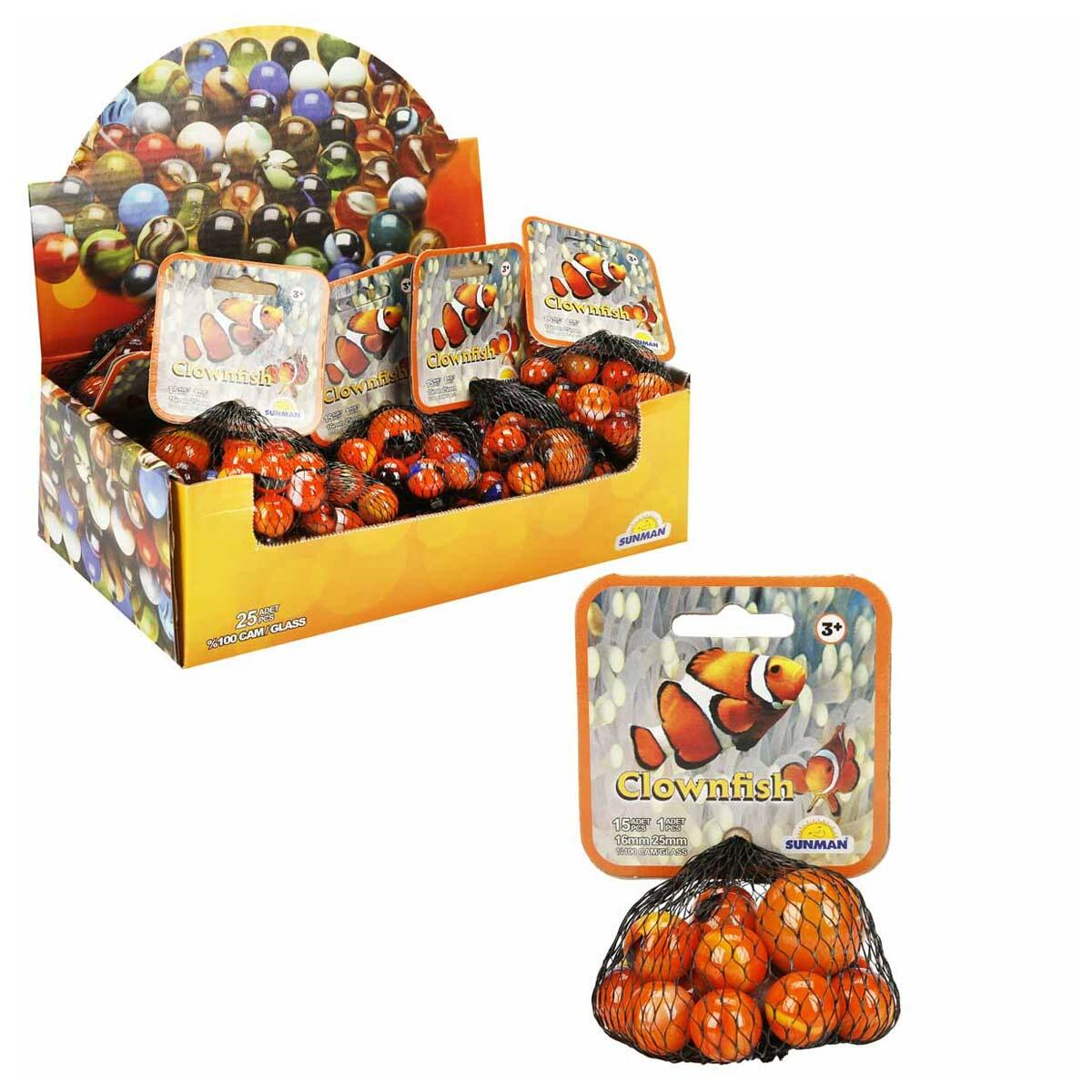 Clownfish Turuncu Misket Seti | 16 Parça Renkli Cam Misket | Nostaljik Sokak Oyunu