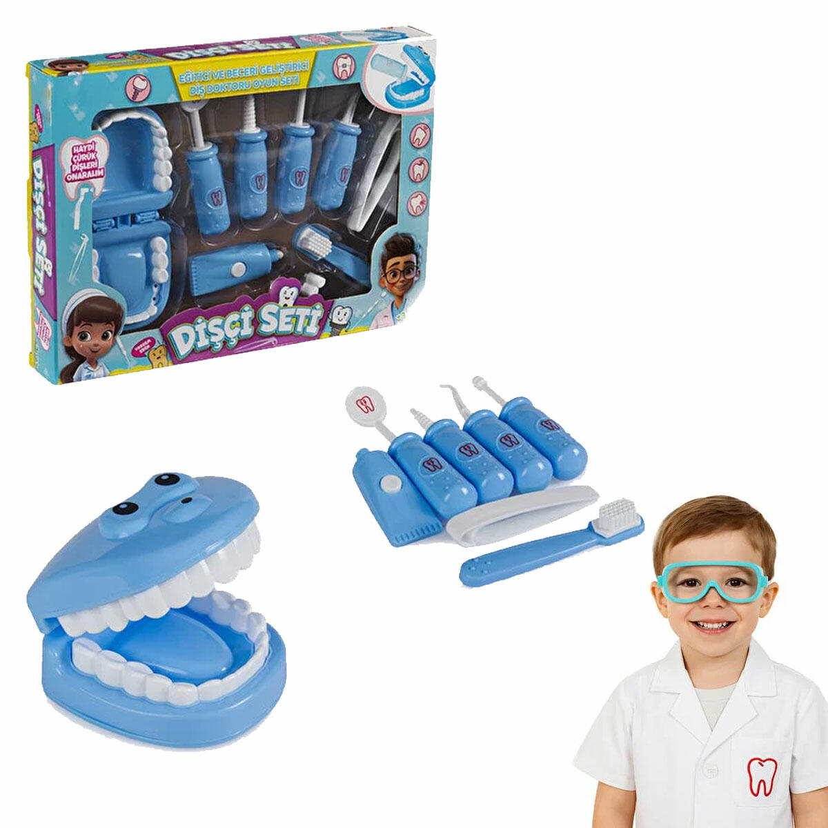 Çocuklar İçin Dişçi Doktor Oyunu Seti | 8 Parça Eğitici Diş Hekimi Seti | Diş Sağlığı Farkındalığı Yaratan Rol Yapma Oyuncağı
