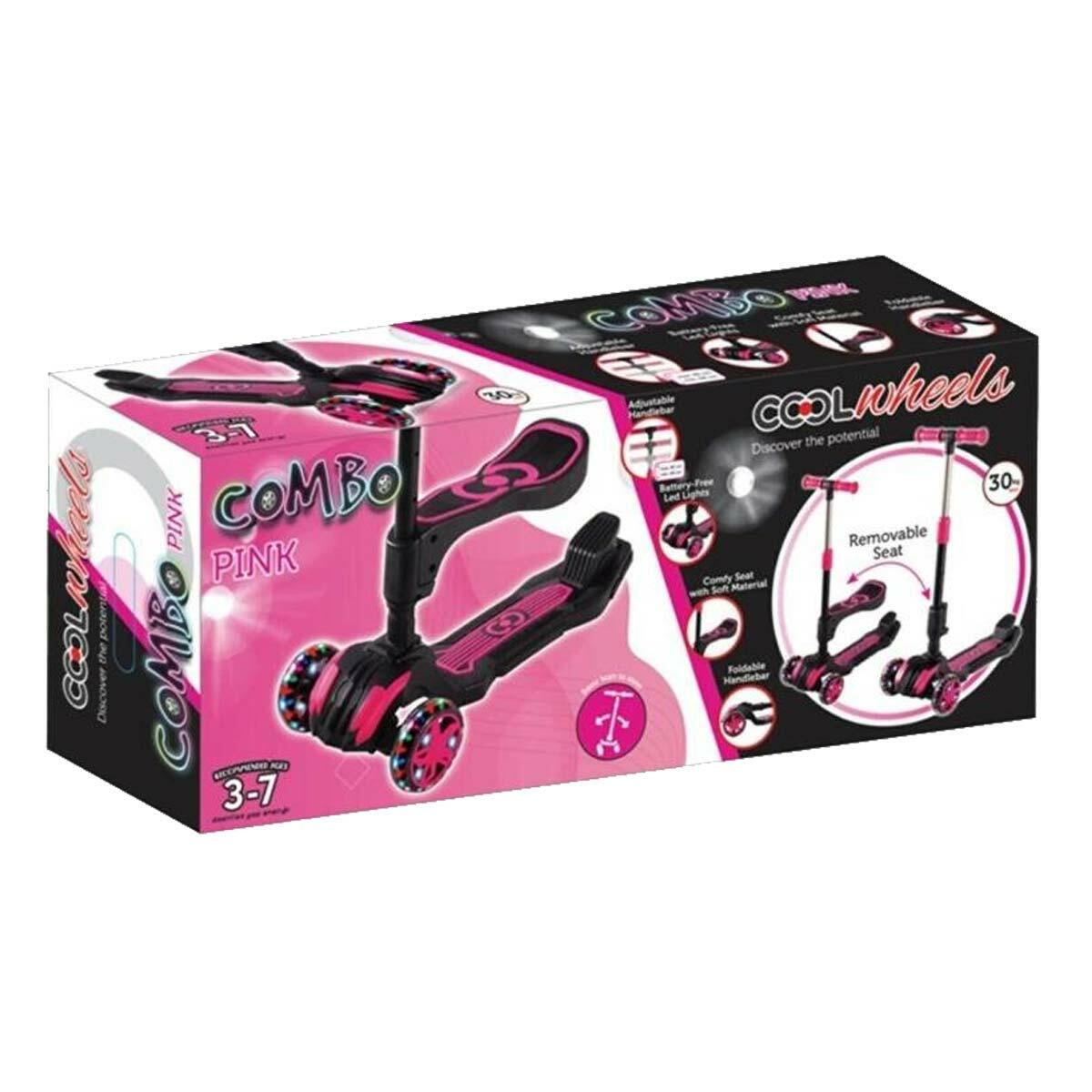 Coolwheels Scooter Combo Oturaklı 3 Teker Işıklı Pembe | 3-7 Yaş 2’si 1 Arada Gelişim Scooterı