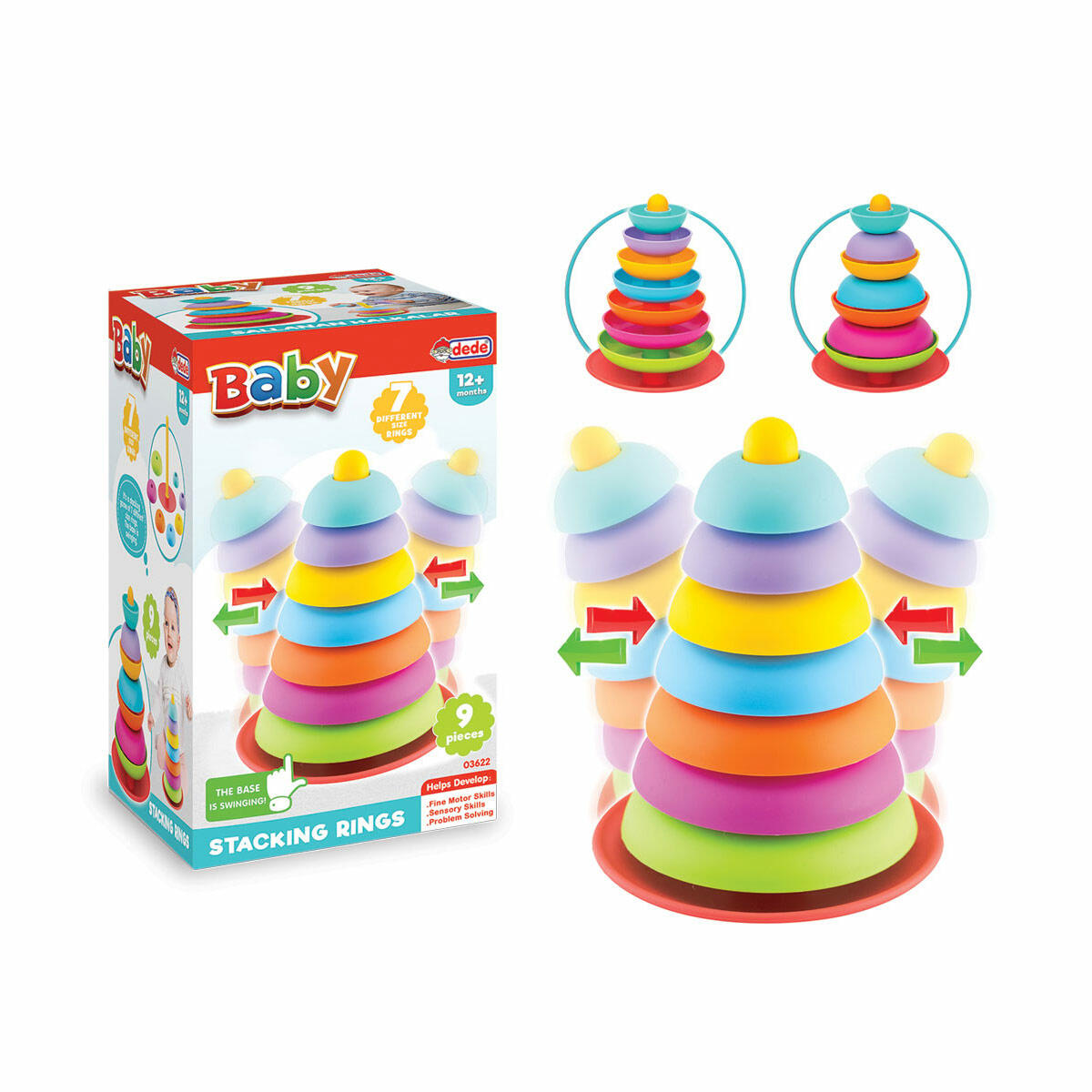 Dede Sallanan Halkalar 9 Parça | Eğitici Bebek Oyuncağı | Renkli Halka Dizme Kulesi