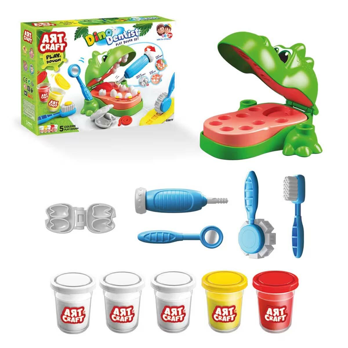 Dinozor Dişçi Oyun Hamur Seti | 5 Renkli Eğitici Diş Hekimi Seti | Kalıplı Ve Aksesuarlı Dinozor Diş Muayenesi