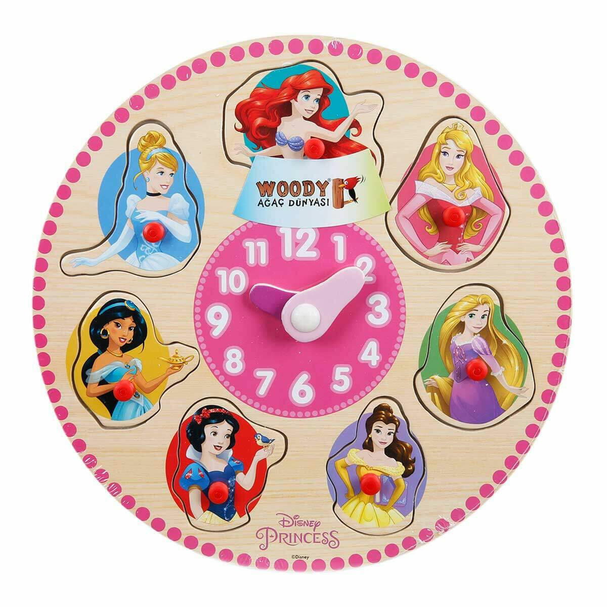Disney Prensesler Temalı Raptiyeli Ahşap Bultak Saat | 7 Parça Eğitici Yapboz | Sayı ve Zaman Öğretici Ahşap Puzzle