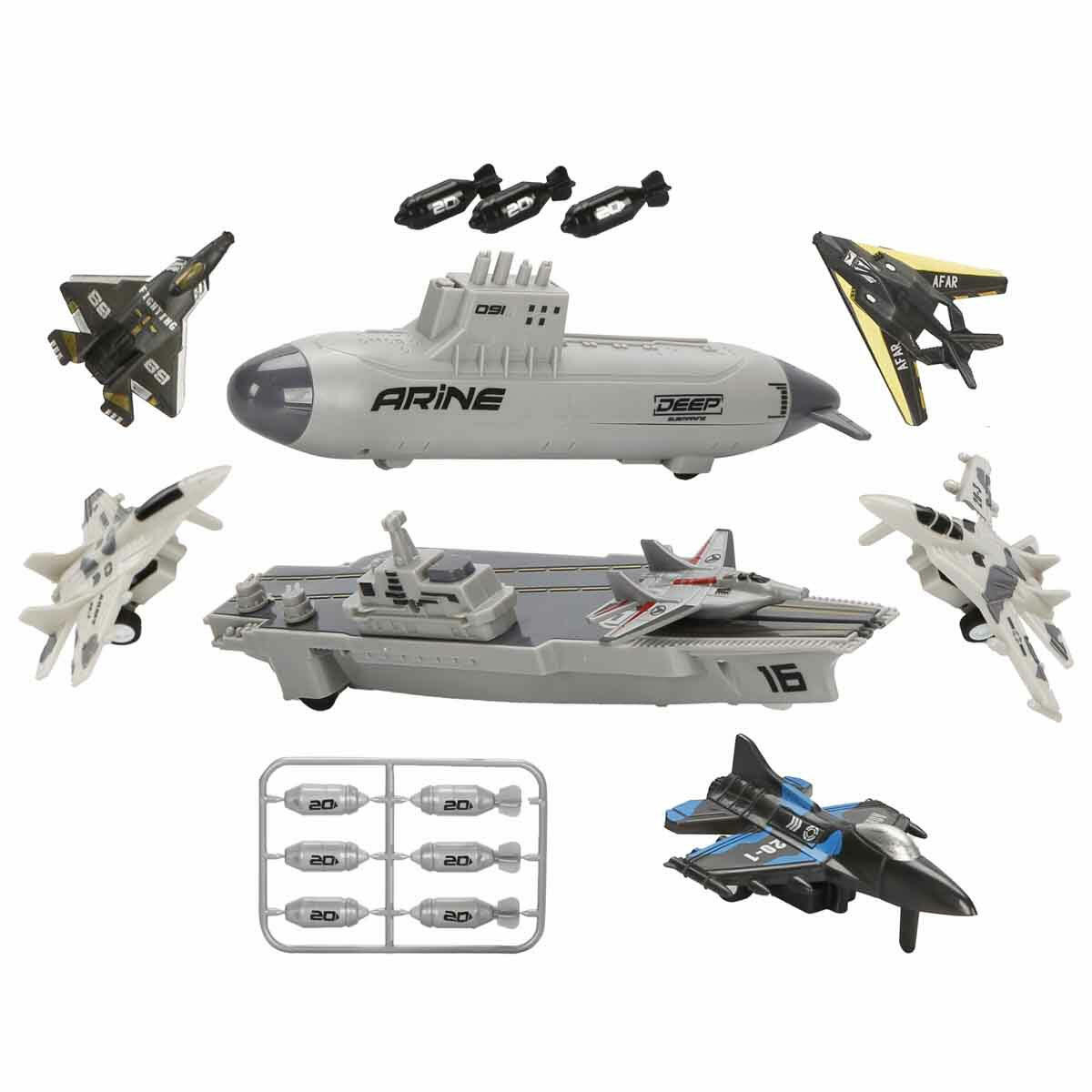 Donanma Oyun Seti (17 Parça) | Uçak Gemisi, Denizaltı, 6 Savaş Jeti ve Füzelerle Tam Donanımlı Askeri Set