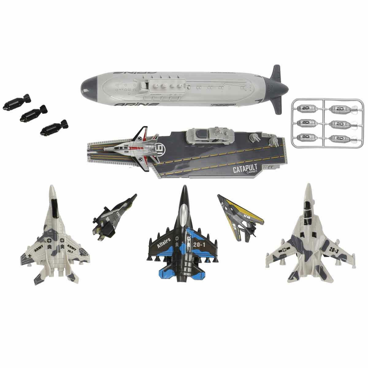 Donanma Oyun Seti (17 Parça) | Uçak Gemisi, Denizaltı, 6 Savaş Jeti ve Füzelerle Tam Donanımlı Askeri Set