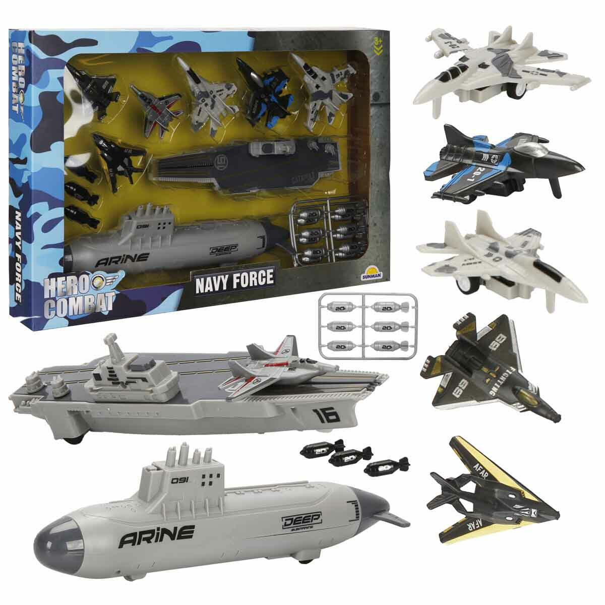 Donanma Oyun Seti (17 Parça) | Uçak Gemisi, Denizaltı, 6 Savaş Jeti ve Füzelerle Tam Donanımlı Askeri Set