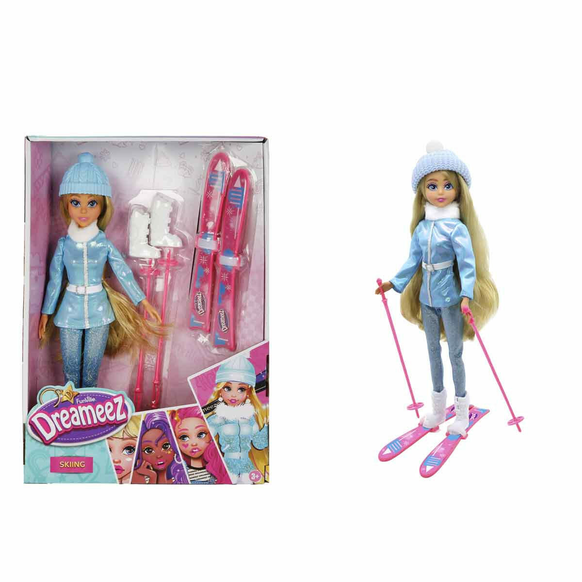 Dreameez Kayak Oyun Seti | 30 cm Hareketli Eklemli Bebek | Profesyonel Kayak Takımlı Kış Tatili Seti