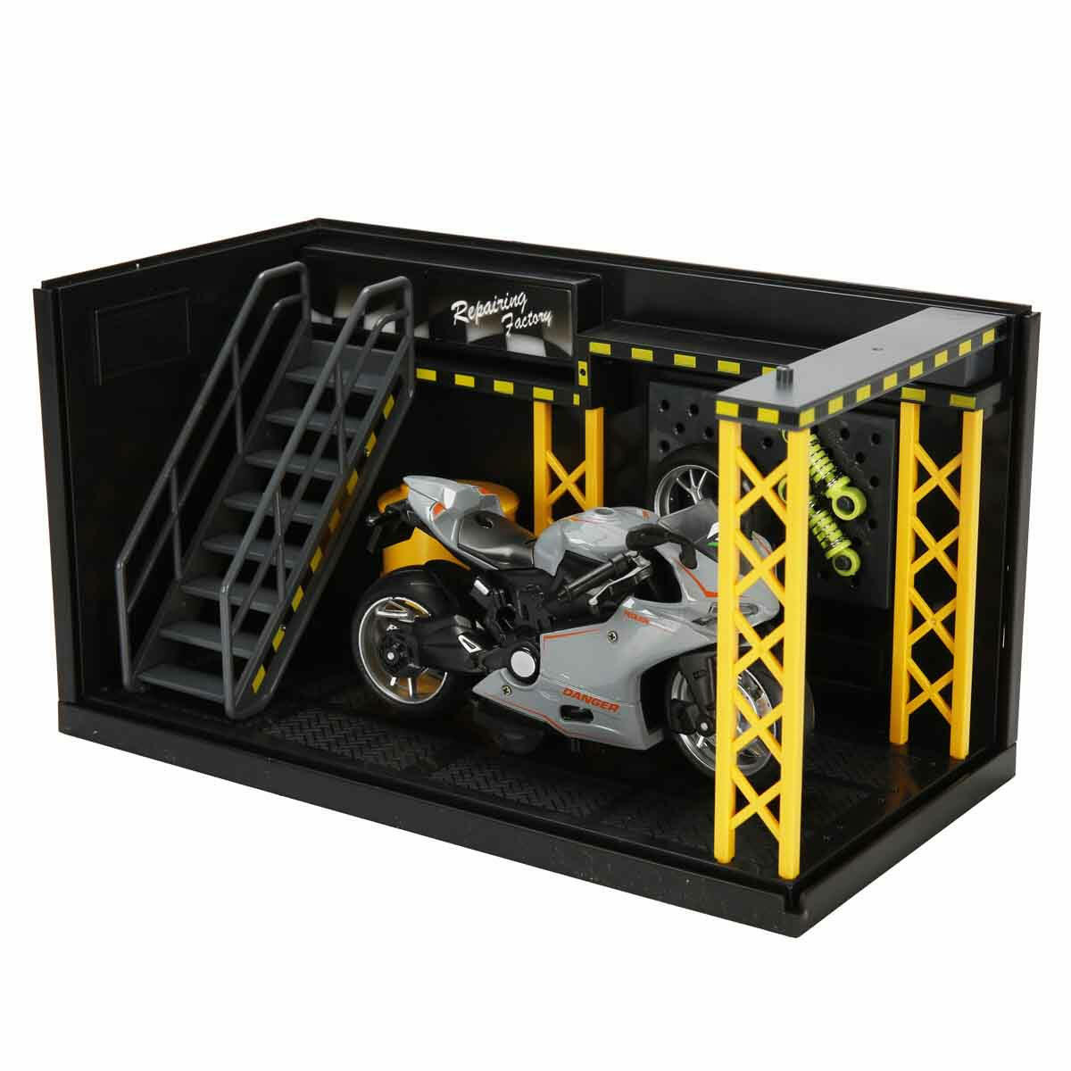 1:12 Sesli ve Işıklı Ducati Die Cast Çek Bırak Motosiklet ve Tamir Atölyesi Seti | Metal Alaşım Gövdeli Koleksiyon Motoru | Aksesuarlı Yarış Seti