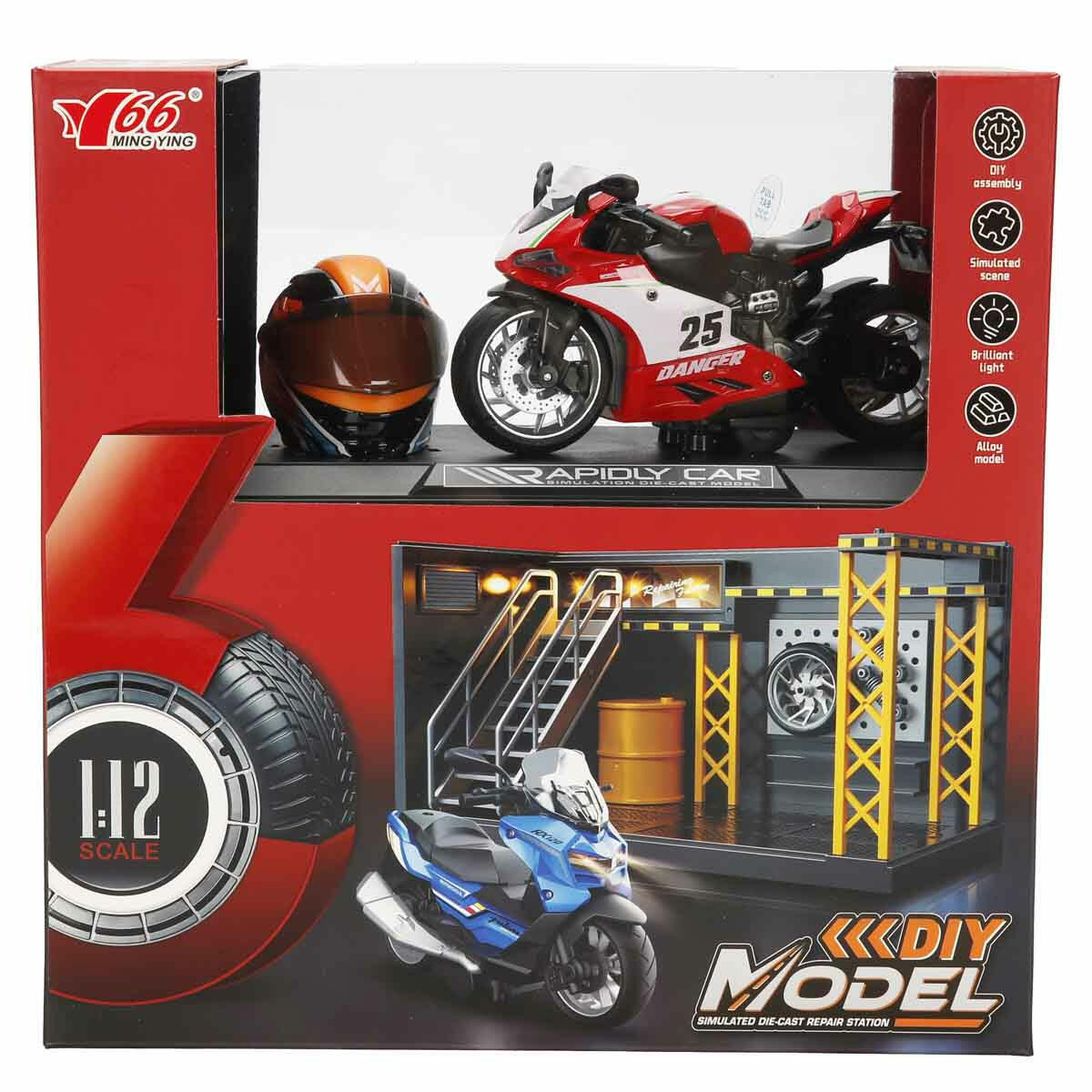 1:12 Sesli ve Işıklı Ducati Die Cast Çek Bırak Motosiklet ve Tamir Atölyesi Seti | Metal Alaşım Gövdeli Koleksiyon Motoru | Aksesuarlı Yarış Seti