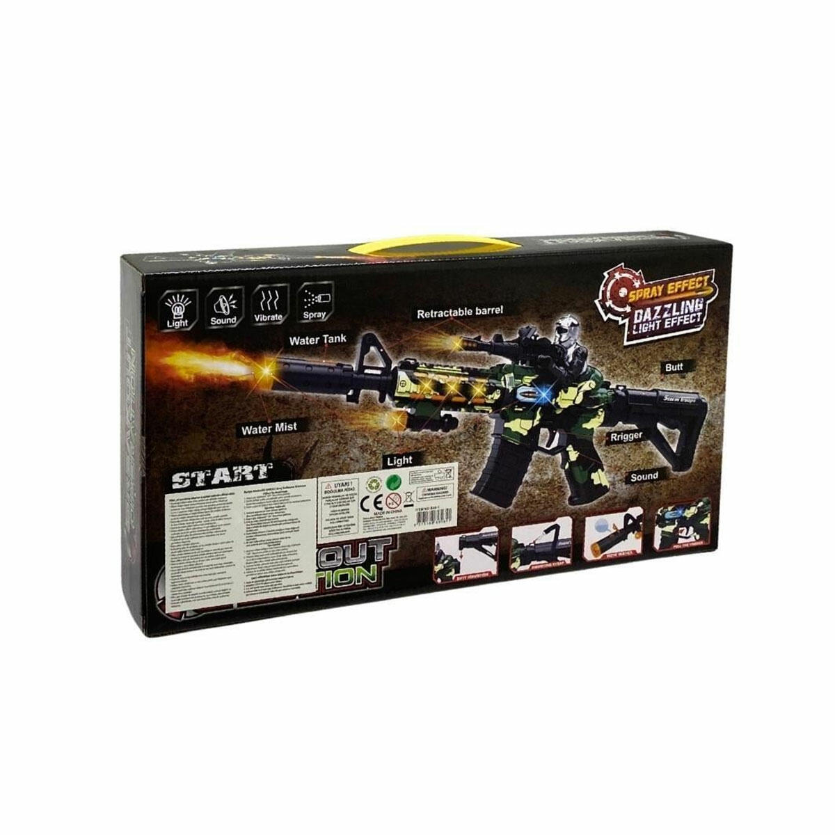 Duman Atan Hareketli Pilli Tüfek | Ses, Işık, Titreşim ve Püskürtme Efektli Kamuflaj Oyuncak Silah