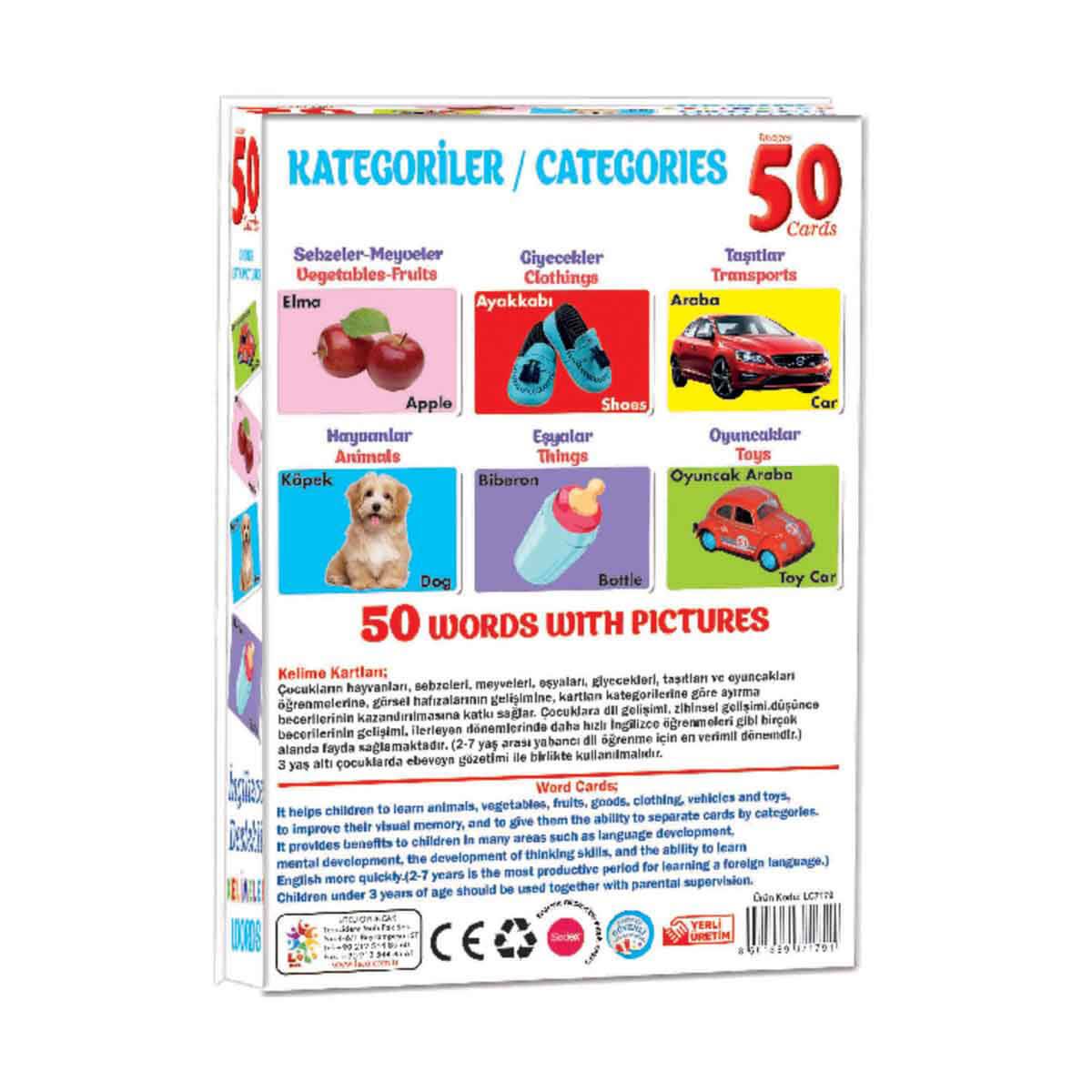 Resimlerle İngilizce Destekli Eğitici Kelime Kartları 50 Parça