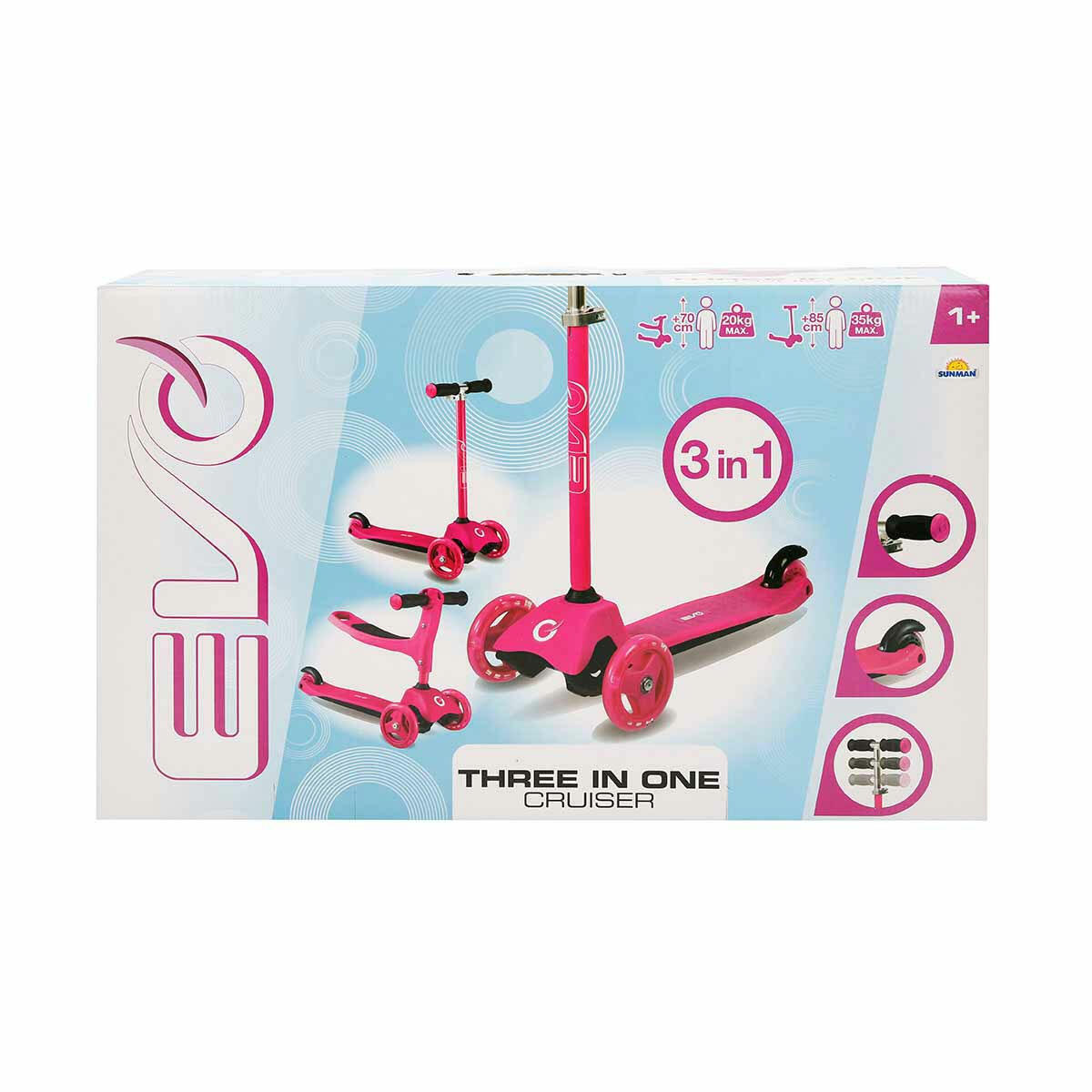 Evo 3 Tekerlekli Cruiser 3'ü 1 Arada Pembe Scooter | Oturaklı ve Klasik Kullanım | Eğitici Çocuk Scooter Seti