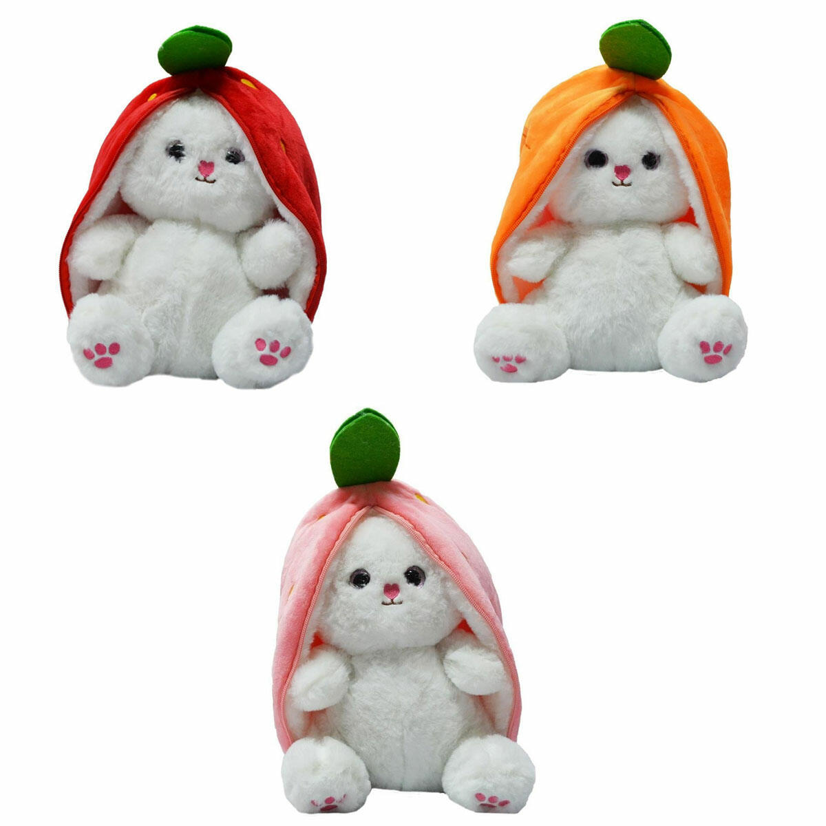 Fermuarlı Peluş Çilek Tavşan 35 cm | 2'si 1 Arada Sürprizli, Uzun Kulaklı ve Yumuşak Uyku Arkadaşı