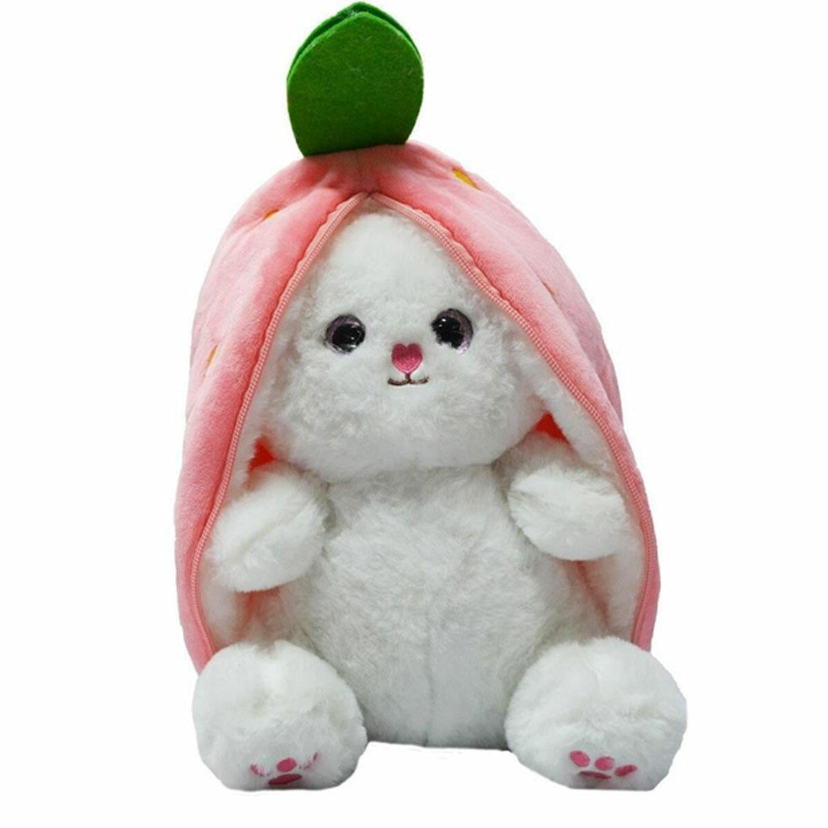 Fermuarlı Peluş Çilek Tavşan 35 cm | 2'si 1 Arada Sürprizli, Uzun Kulaklı ve Yumuşak Uyku Arkadaşı