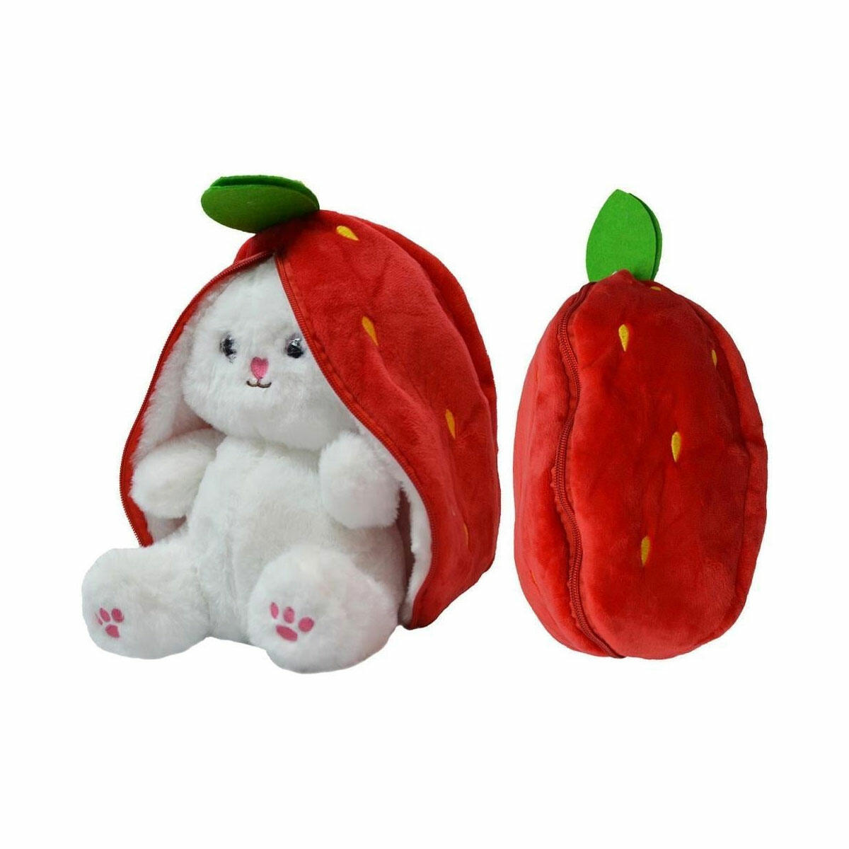 Fermuarlı Peluş Çilek Tavşan 35 cm | 2'si 1 Arada Sürprizli, Uzun Kulaklı ve Yumuşak Uyku Arkadaşı