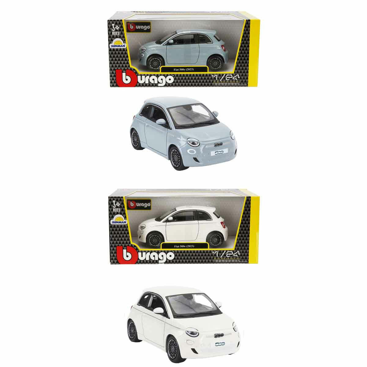Fiat 500E 2023 Model Araba 1:24 | Die-Cast Metal Koleksiyon Aracı | Detaylı İç Mekan ve Açılabilir Kapılı Modern İtalyan Figürü