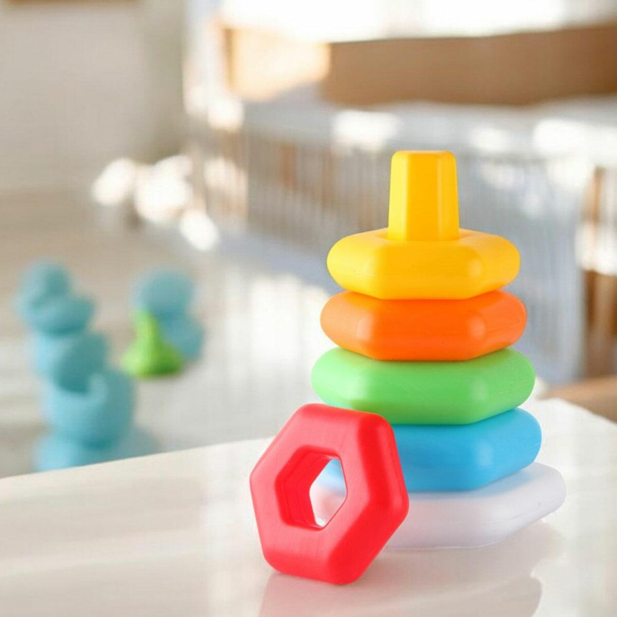Fileli Renkli Altıgen Halkalar | 5 Parça Eğitici İstifleme Seti | Kiki Yerli Üretim Bebek Gelişim Oyuncağı