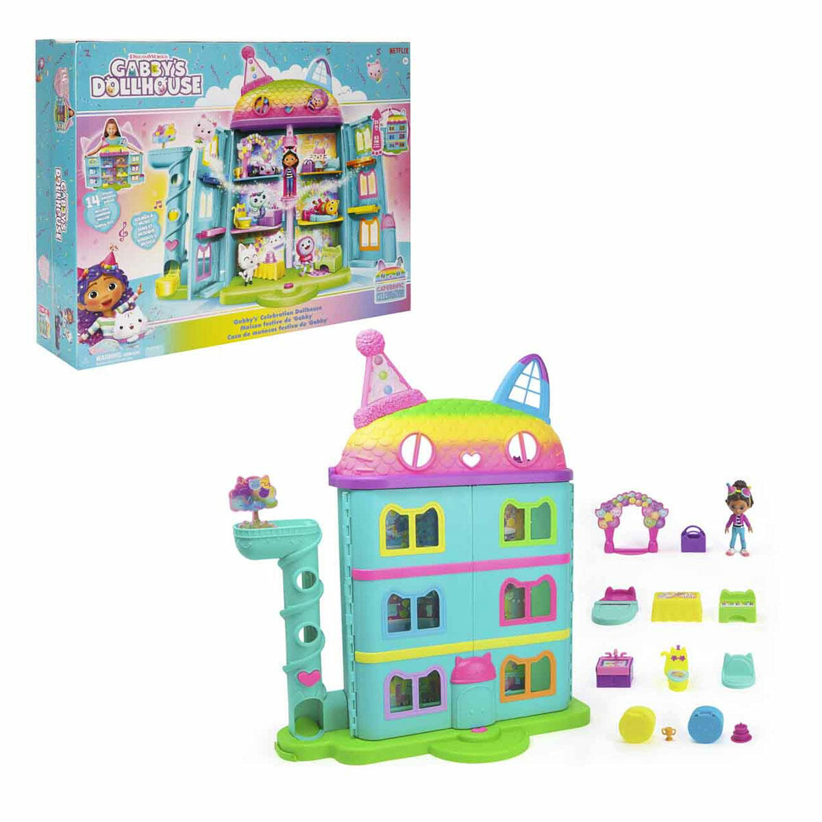 Gabby’s Dollhouse Festival Evi 63 cm | Müzikli ve Sesli Dev Oyun Seti | Gabby Figürlü ve Mobilyalı 6 Odalı Festival Evi