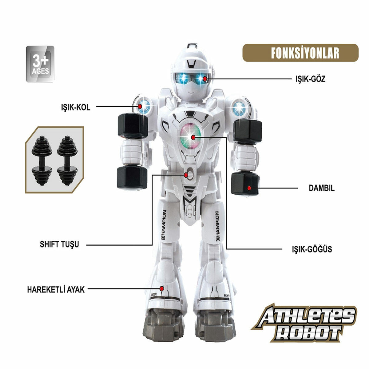 Işıklı Ve Müzikli Hareketli Atletik Sporcu Pilli Robot | Şınav Çeken Ve Dambıl Çalışan İnteraktif Robot | 25 cm Eğitici Sporcu Figürü