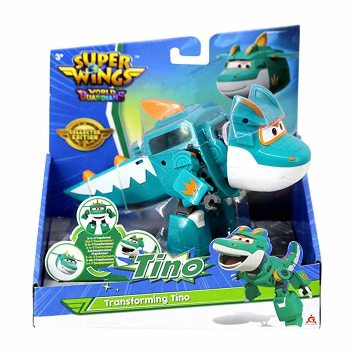 Harika Kanatlar Dönüşen Tino Figürü 13 cm | 3'ü 1 Arada Dinozor Robot Uçak | Orijinal Super Wings Season 6 Oyuncağı