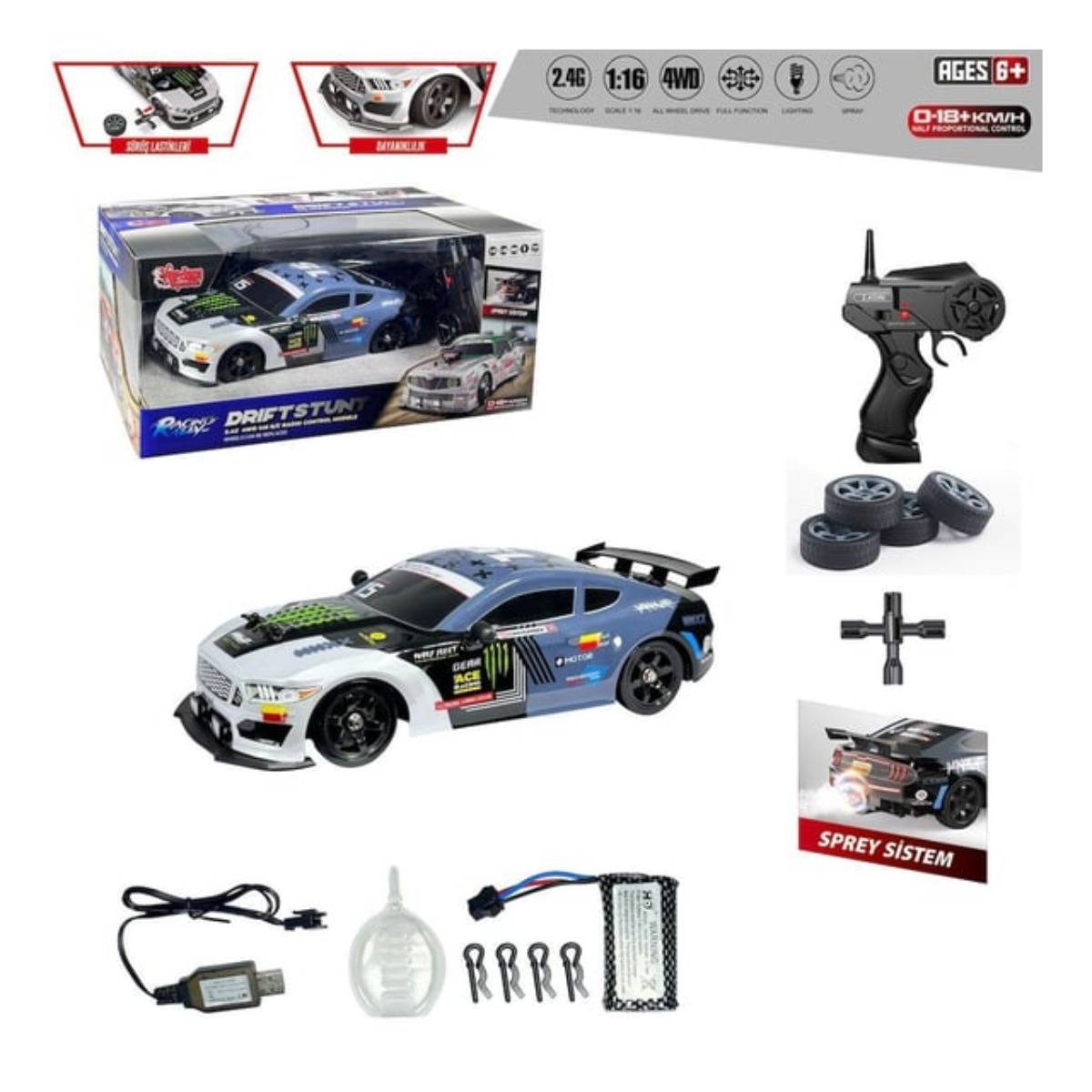 Kumandalı 4x4 Drift Araba Işıklı ve Buharlı 1:16