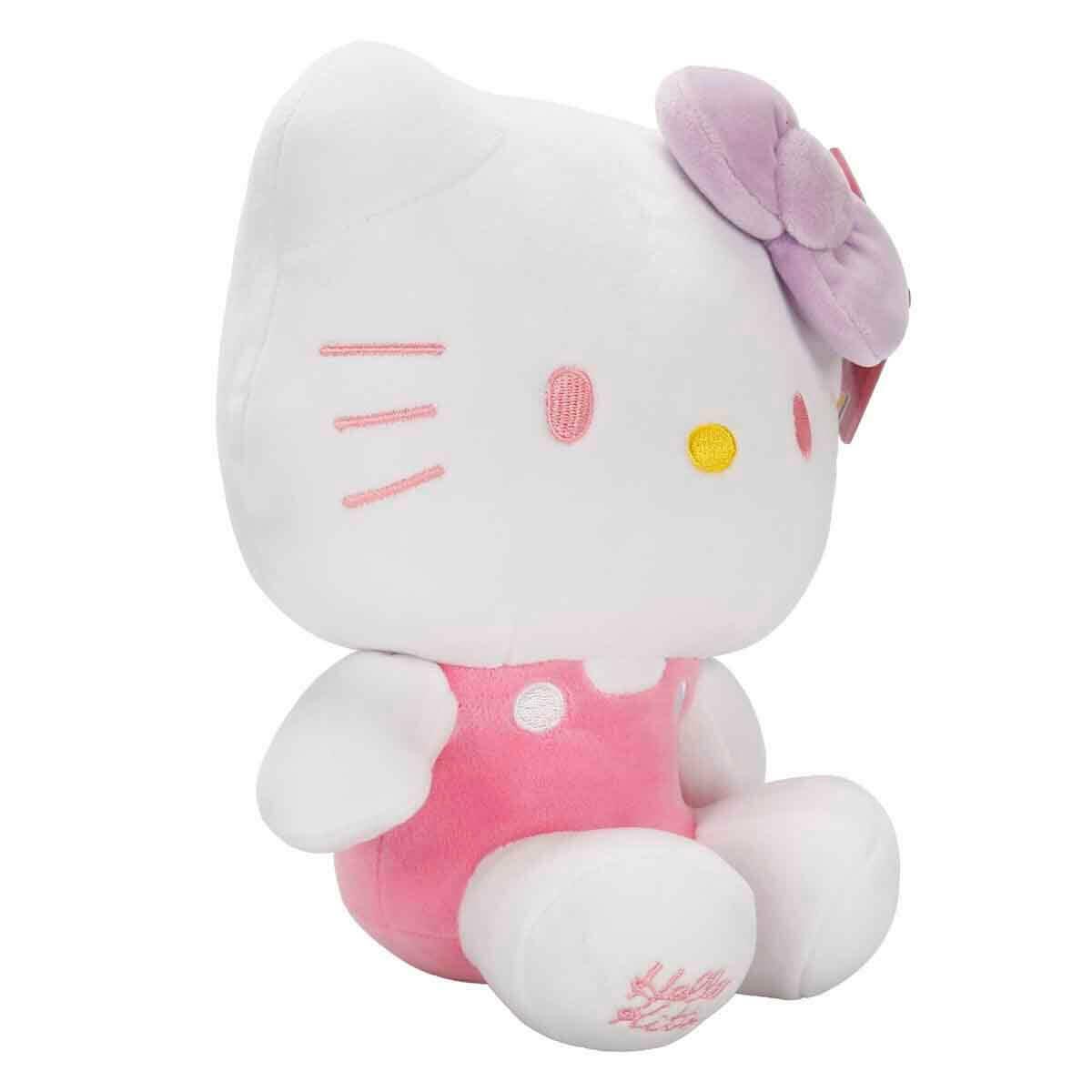 Hello Kitty Pembe Tulumlu Peluş S5 | 22 CM Mor Fiyonklu Figür | Orijinal Tasarım Yumuşak Oyuncak