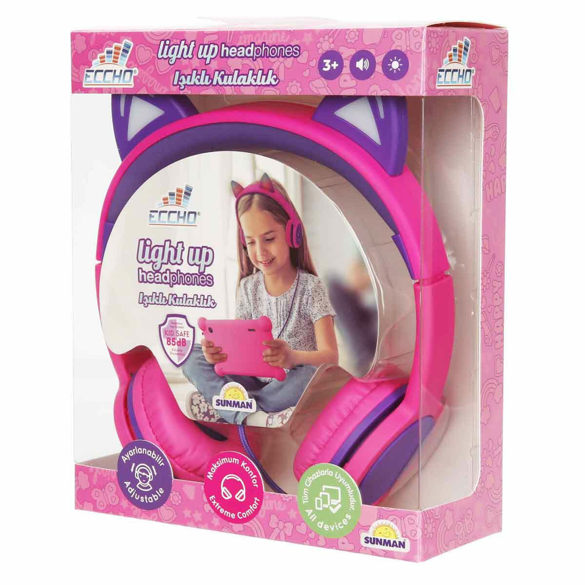 Işıklı Kedi Kulaklı Kablolu Kulak Üstü Kulaklık | 85dB Ses Sınırlı Çocuk Kulaklığı | Pembe Mor LED Işıklı Kedi Kulaklık