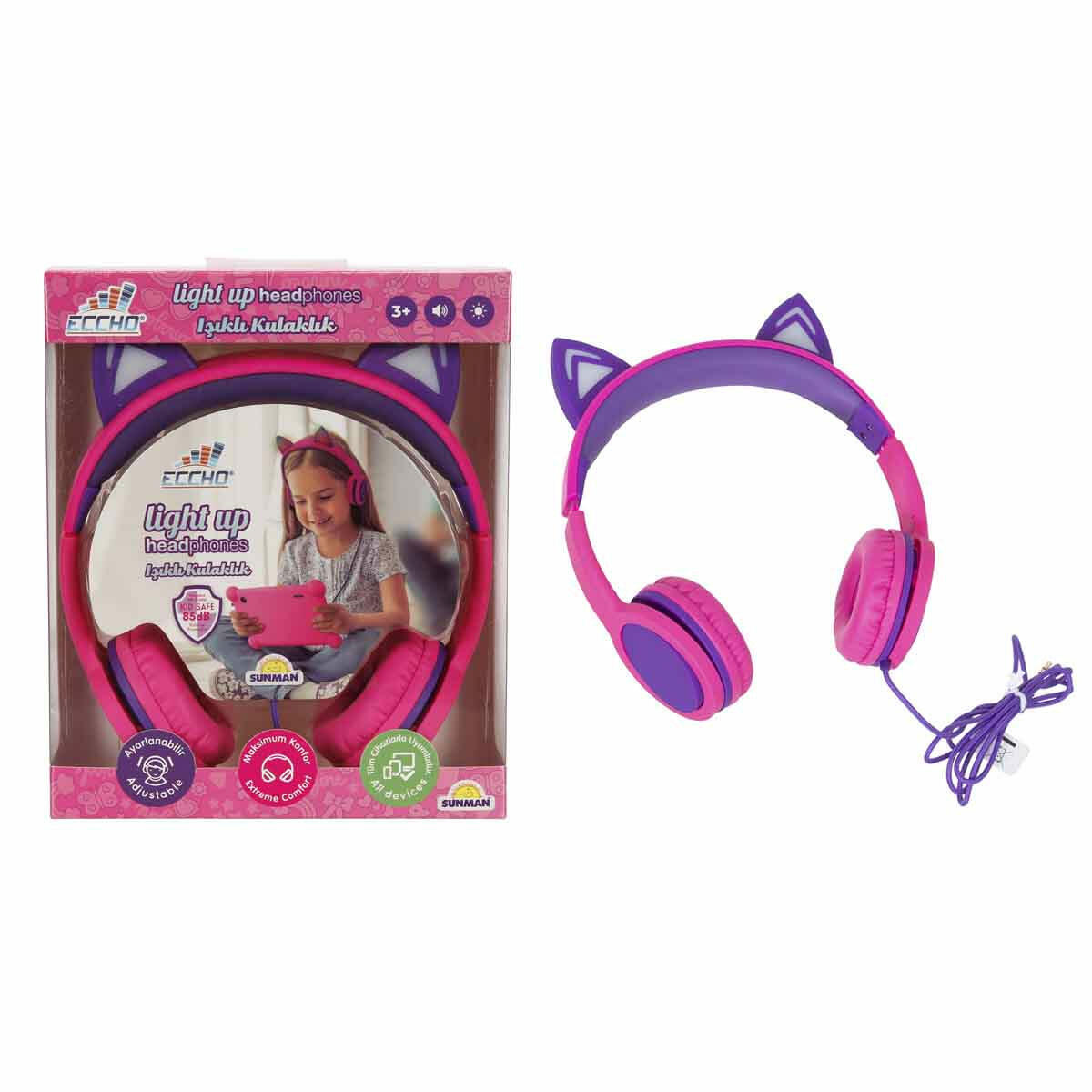 Işıklı Kedi Kulaklı Kablolu Kulak Üstü Kulaklık | 85dB Ses Sınırlı Çocuk Kulaklığı | Pembe Mor LED Işıklı Kedi Kulaklık