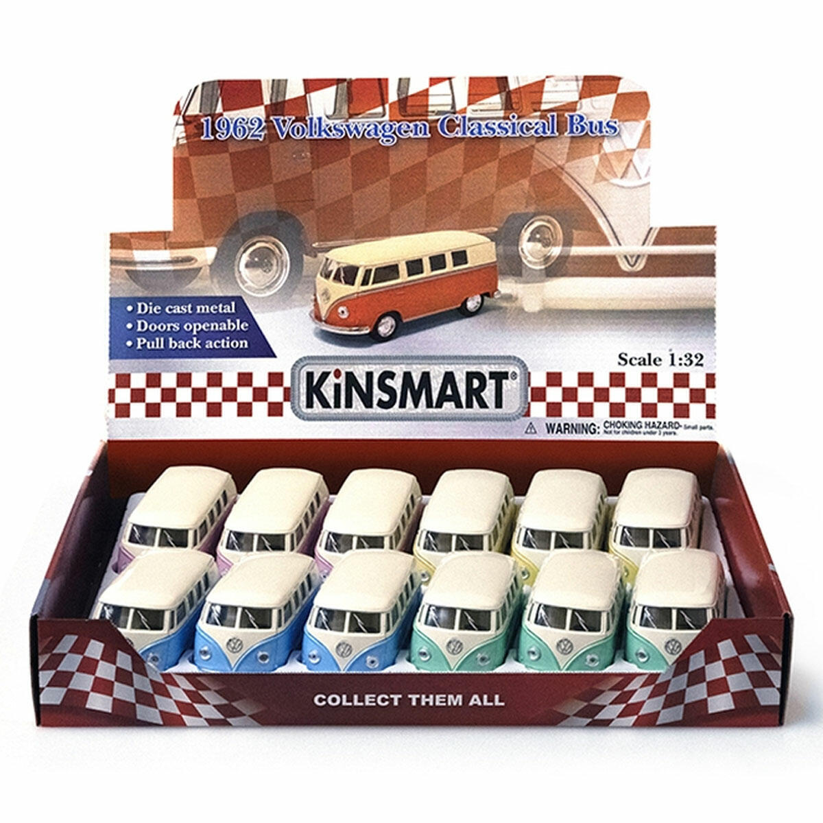 Kinsmart 1962 Volkswagen Classical Bus 1:32 | Metal Çek Bırak Model Araba | Fildişi Tavanlı Pastel Seri Klasik VW Otobüs