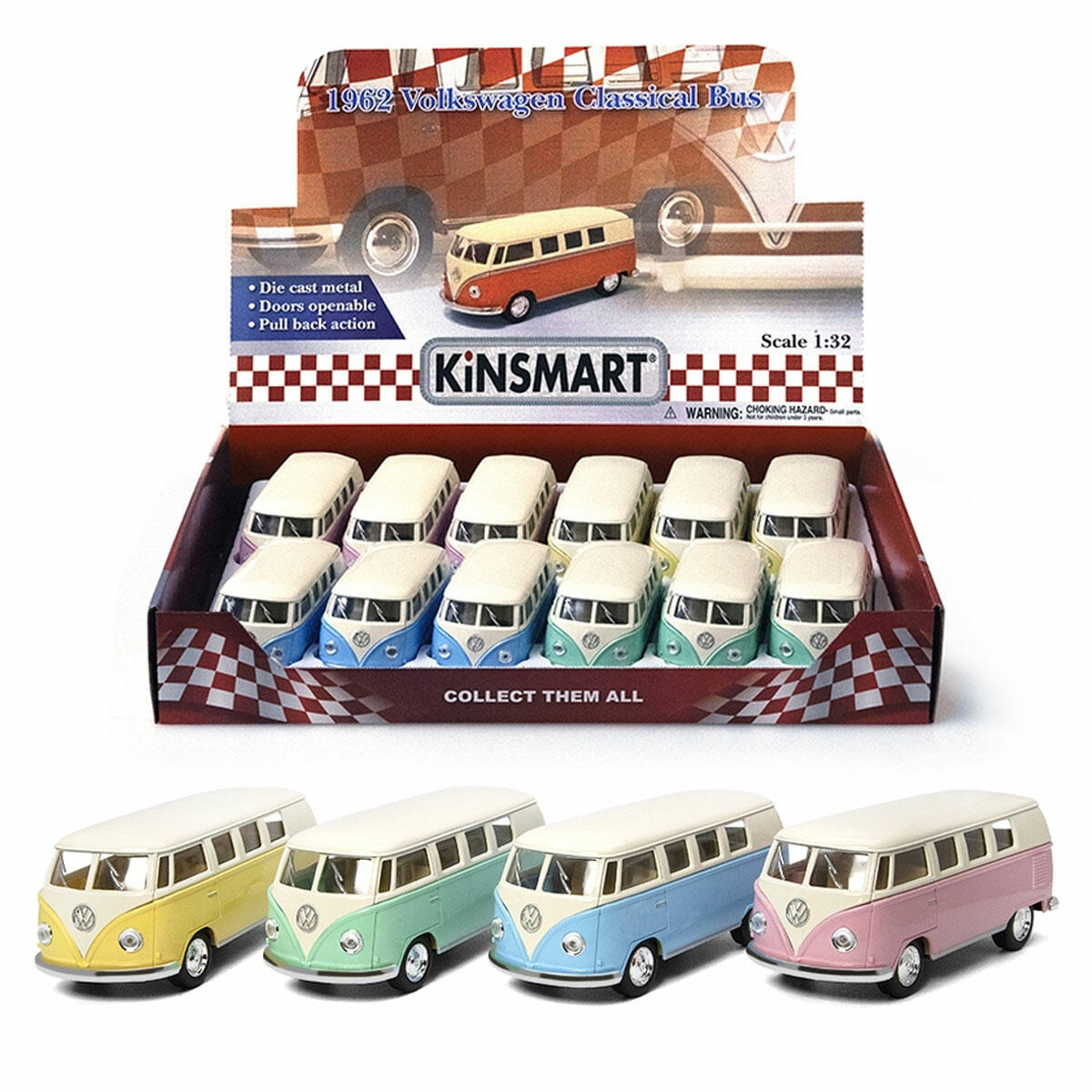 Kinsmart 1962 Volkswagen Classical Bus 1:32 | Metal Çek Bırak Model Araba | Fildişi Tavanlı Pastel Seri Klasik VW Otobüs
