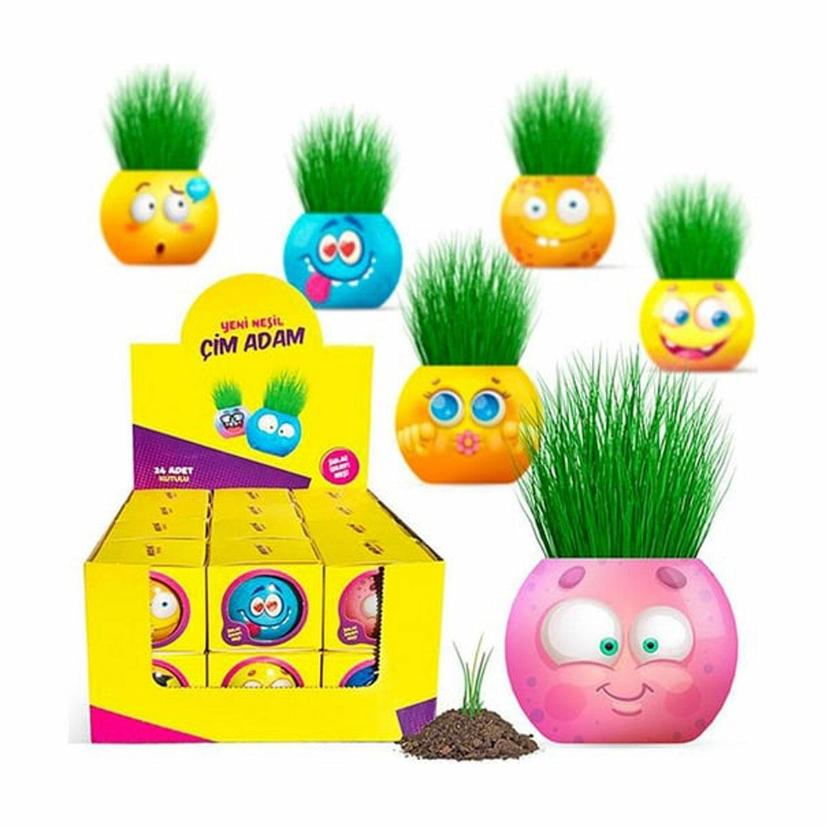 Kutulu Emoji Çim Adam – Eğlenceli Dekoratif Çim Saksı Oyuncak