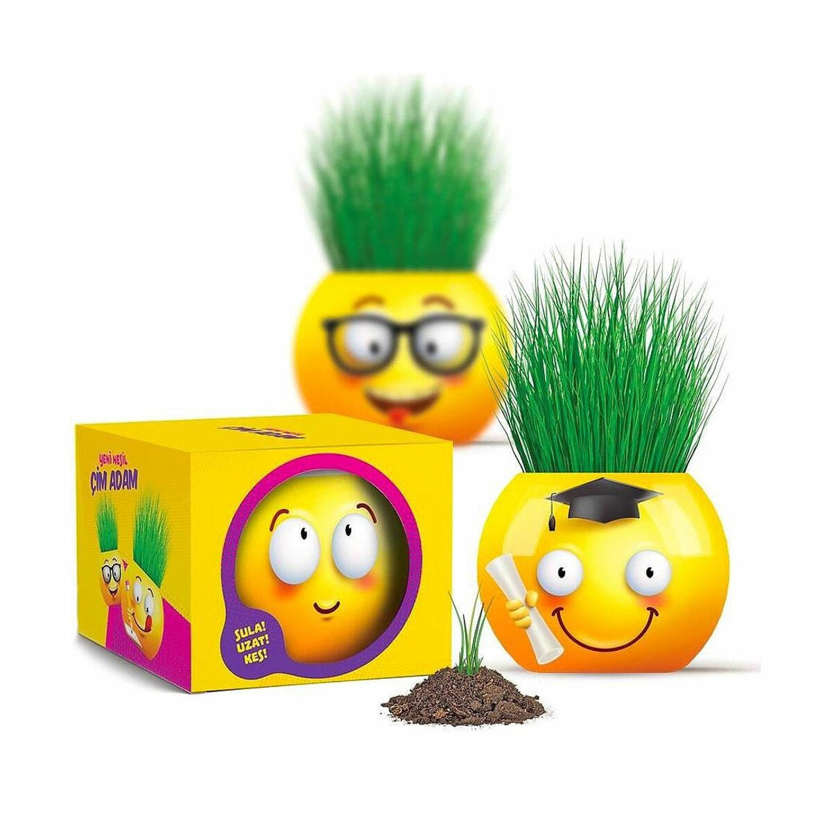 Kutulu Emoji Çim Adam – Eğlenceli Dekoratif Çim Saksı Oyuncak