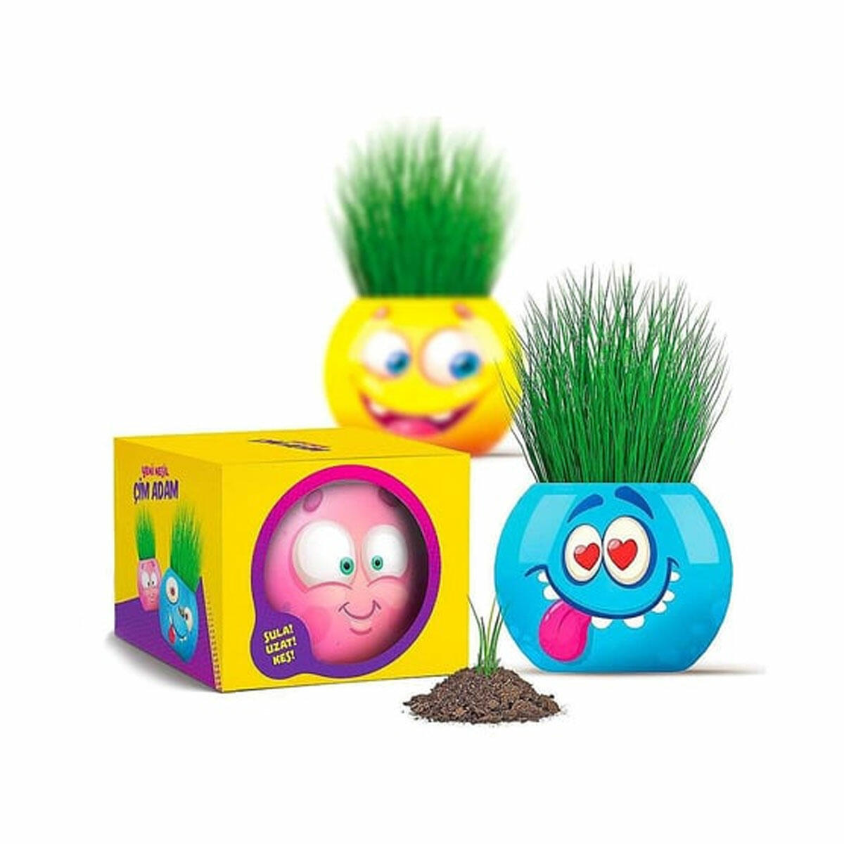 Kutulu Emoji Çim Adam – Eğlenceli Dekoratif Çim Saksı Oyuncak