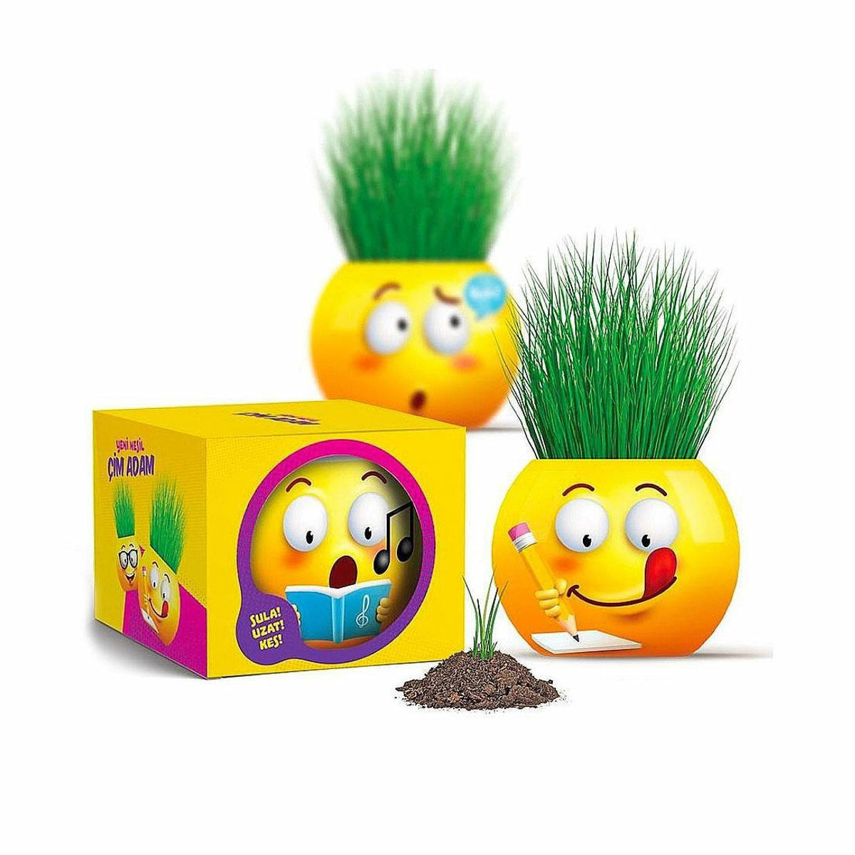 Kutulu Emoji Çim Adam – Eğlenceli Dekoratif Çim Saksı Oyuncak