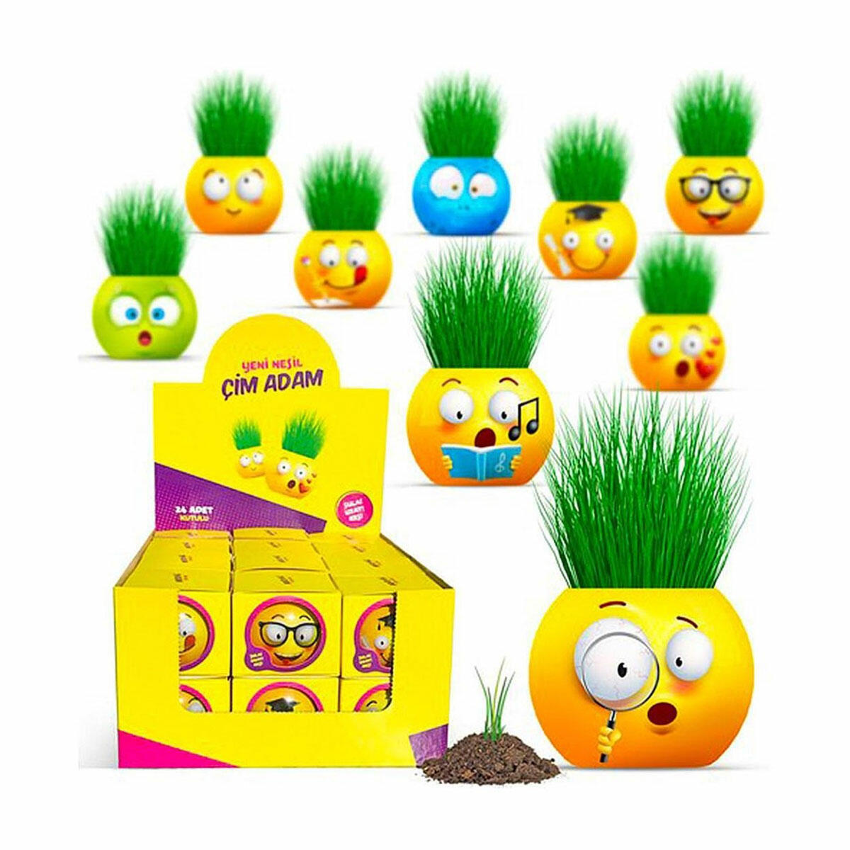 Kutulu Emoji Çim Adam – Eğlenceli Dekoratif Çim Saksı Oyuncak