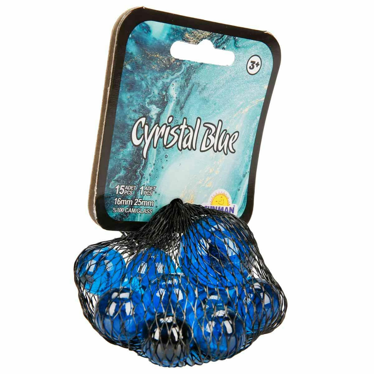 Mavi Kristal Misket – 16’lı Cam Misket Seti (15 Küçük + 1 Büyük)