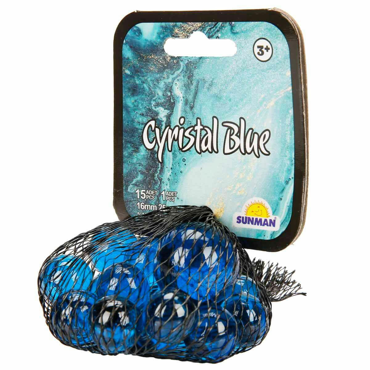 Mavi Kristal Misket – 16’lı Cam Misket Seti (15 Küçük + 1 Büyük)