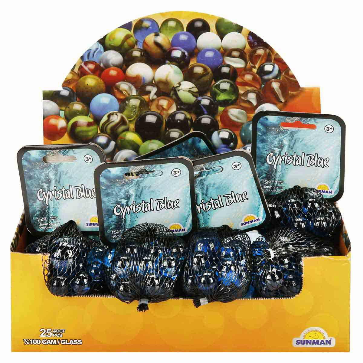 Mavi Kristal Misket – 16’lı Cam Misket Seti (15 Küçük + 1 Büyük)