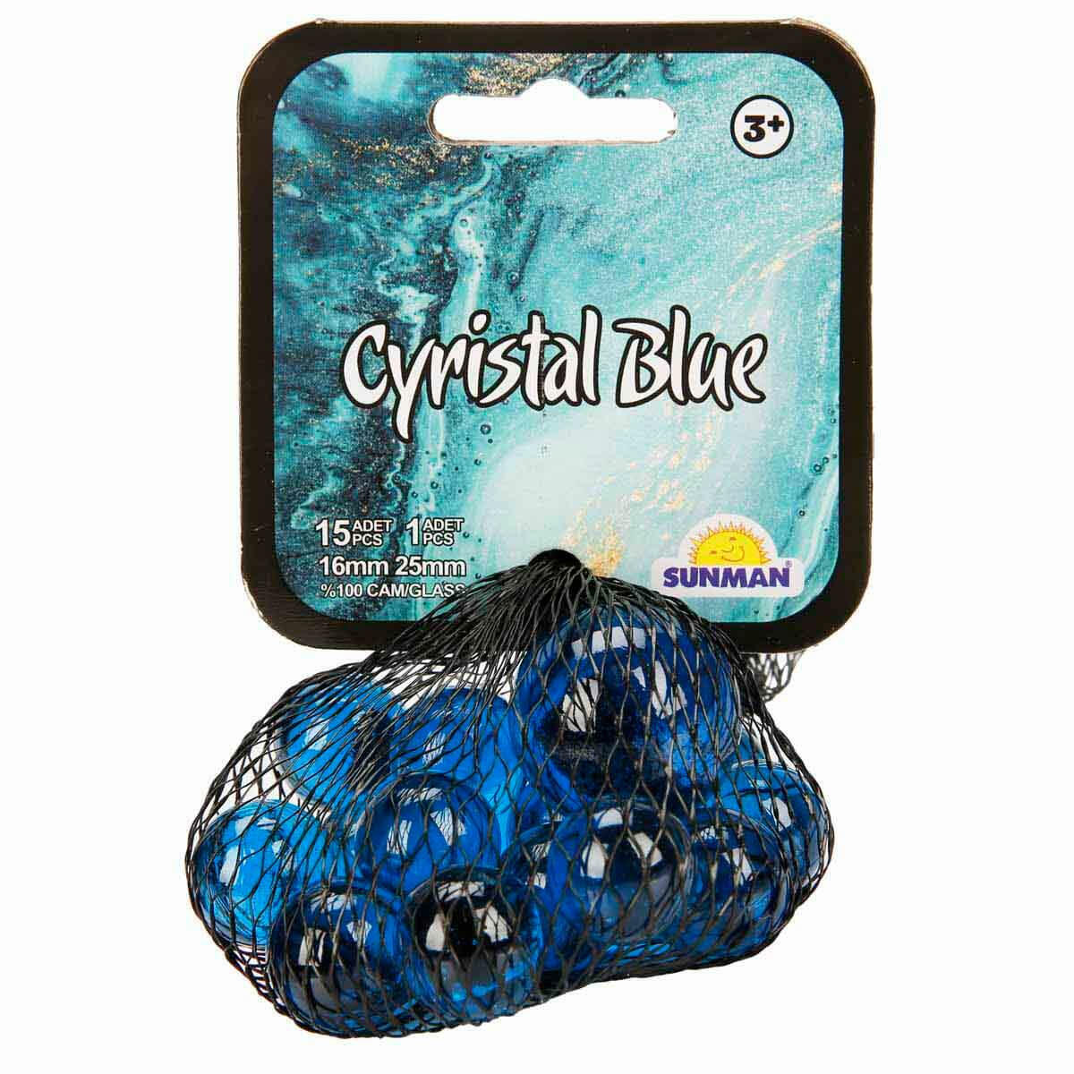 Mavi Kristal Misket – 16’lı Cam Misket Seti (15 Küçük + 1 Büyük)