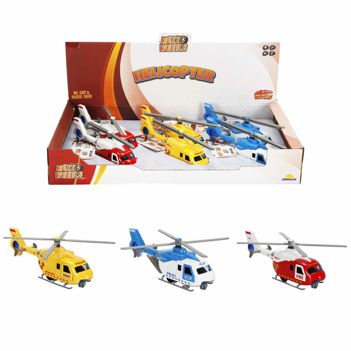 Maxx Wheels Sesli ve Işıklı Çek Bırak Die Cast Helikopter | 20 cm Metal Gövdeli Kurtarma Helikopteri | Ambulans, Polis ve İtfaiye Modelleri