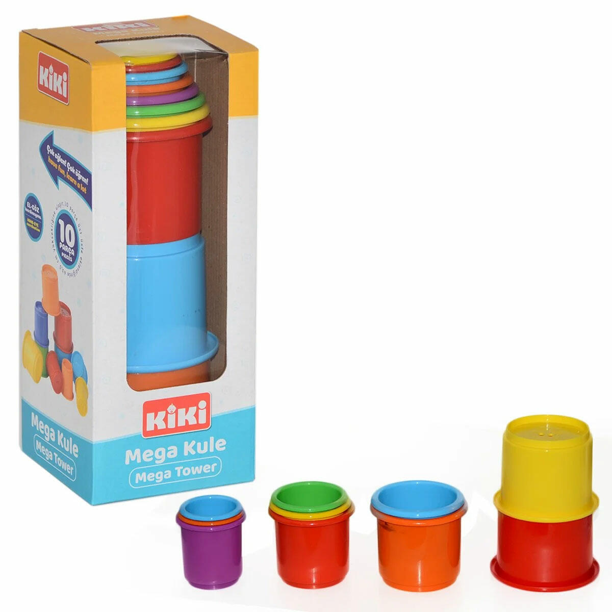 Mega Kule 63.5 cm | Eğitici İç İçe Geçen ve Üst Üste Dizilen 10 Parça Renkli Kap Seti