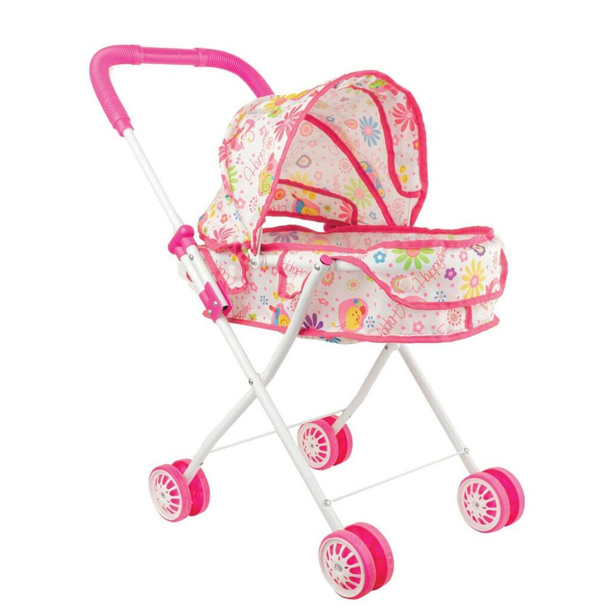 Metal Beşikli Oyuncak Bebek Puseti | Çiçek Desenli Katlanabilir Yataklı Puset | 55 Cm Dayanıklı Bebek Arabası