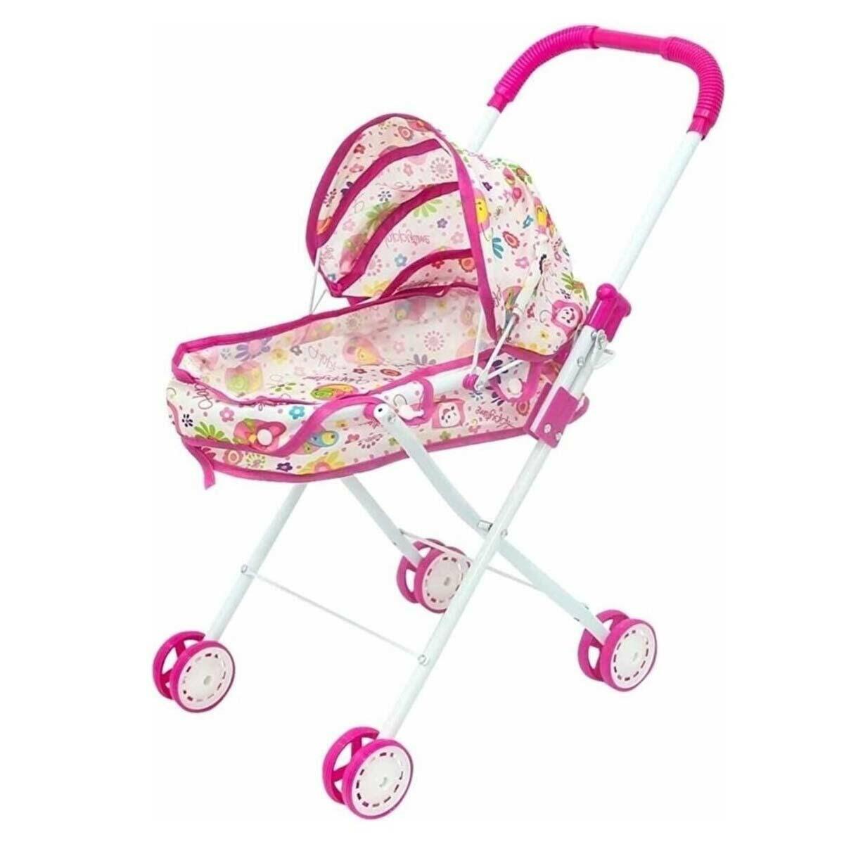 Metal Beşikli Oyuncak Bebek Puseti | Çiçek Desenli Katlanabilir Yataklı Puset | 55 Cm Dayanıklı Bebek Arabası