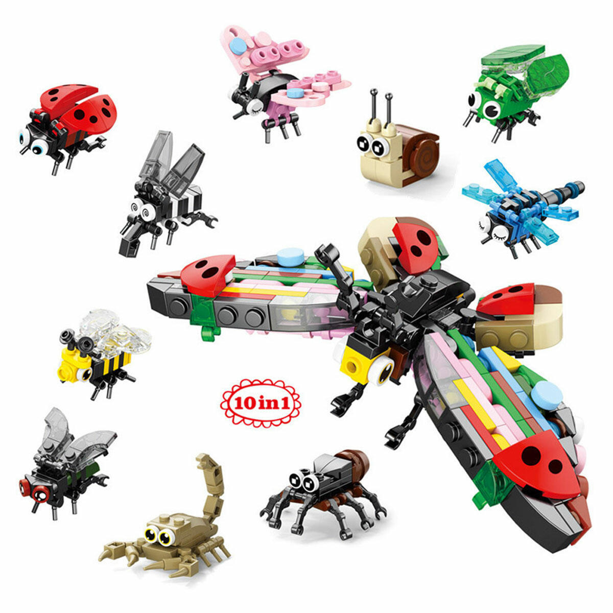 Mini Böcek Hayvanları Blokları 10 in 1 | 10'lu Koleksiyon Birleştirilebilir Yapım Seti | Kelebek Figürü Oluşturan Eğitici Blok Serisi
