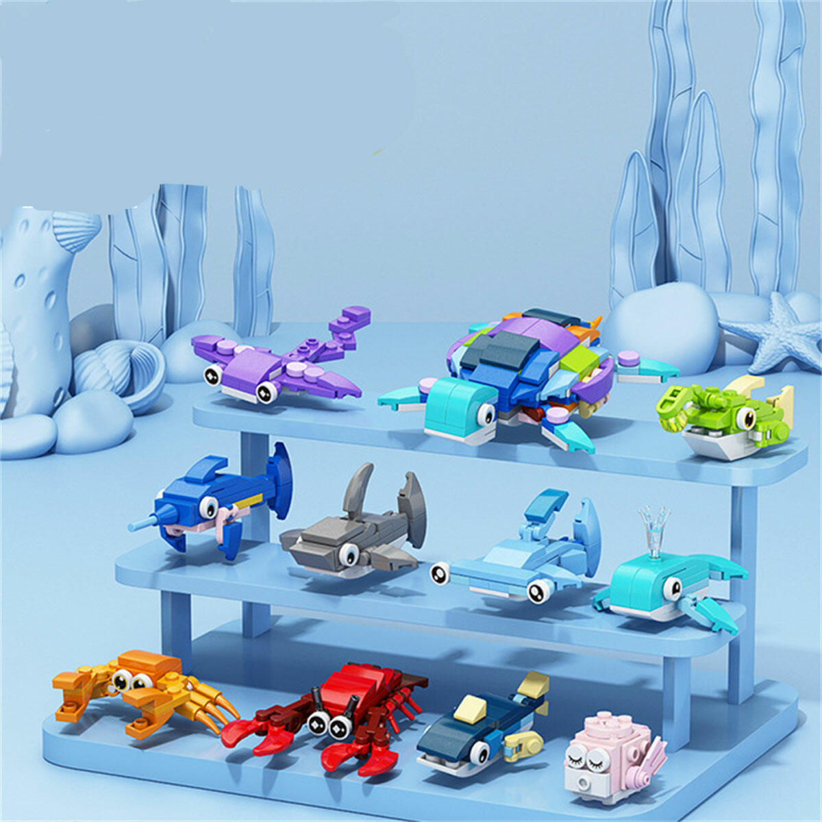 Mini Deniz Hayvanları Blokları 10 in 1 | 10'lu Koleksiyon Birleştirilebilir Yapım Seti | Deniz Kaplumbağası Figürü Oluşturan Eğitici Blok Serisi