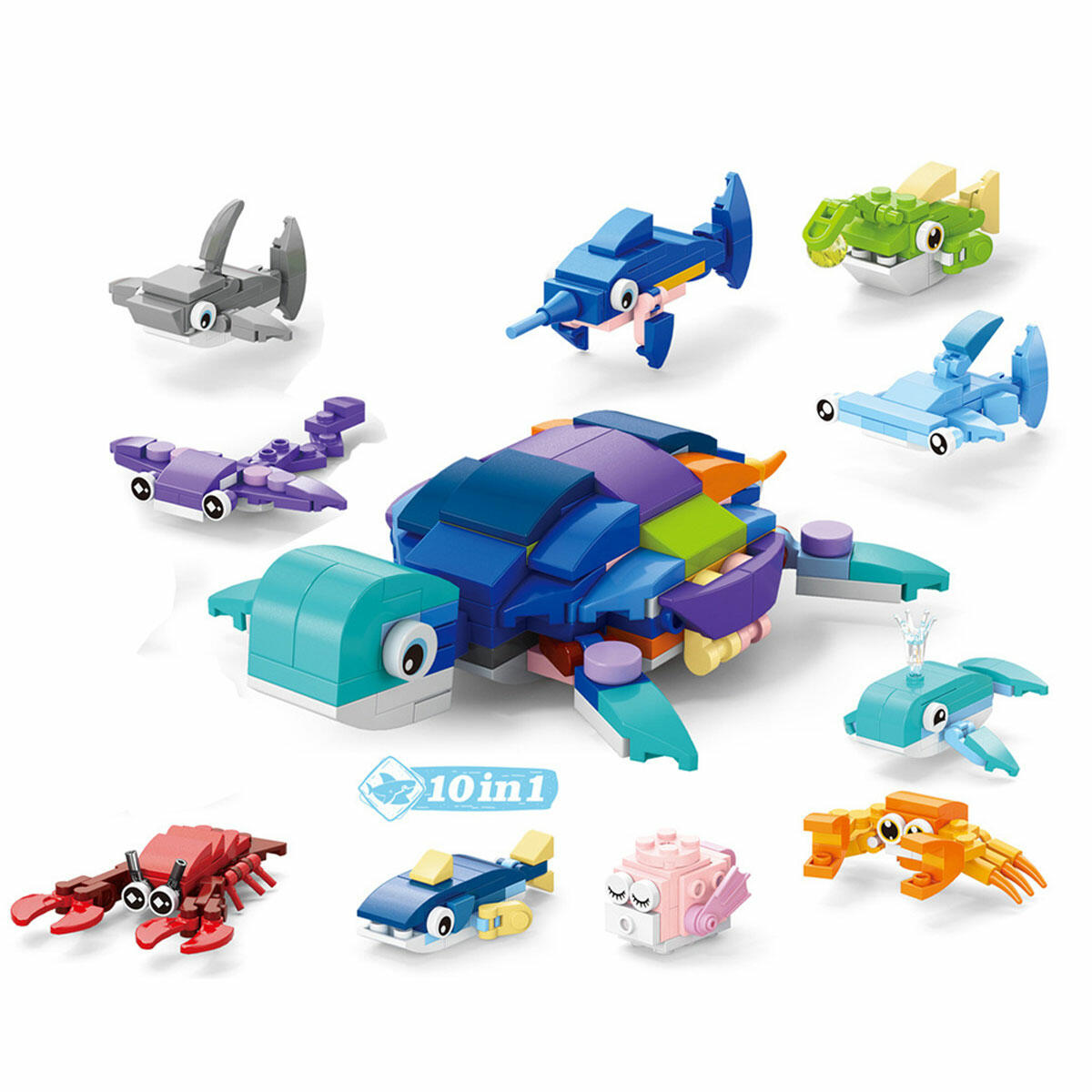 Mini Deniz Hayvanları Blokları 10 in 1 | 10'lu Koleksiyon Birleştirilebilir Yapım Seti | Deniz Kaplumbağası Figürü Oluşturan Eğitici Blok Serisi