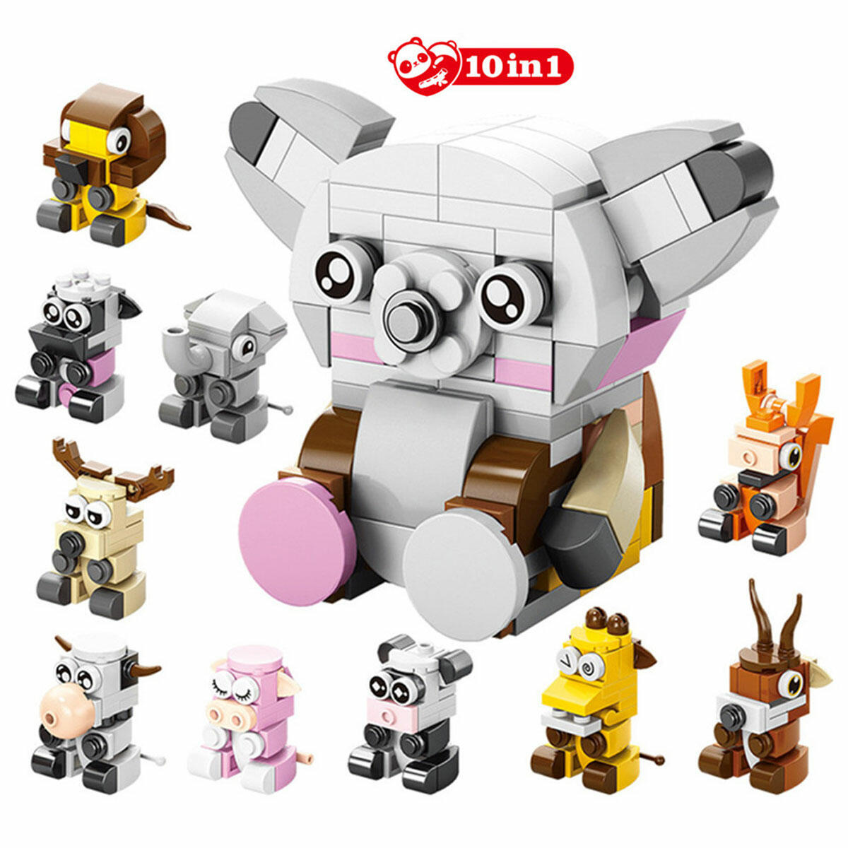 Mini Evcil Hayvan Blokları 10 in 1 | 10'lu Koleksiyon Birleştirilebilir Yapım Seti | Büyük Koala Figürü Oluşturan Eğitici Blok Serisi