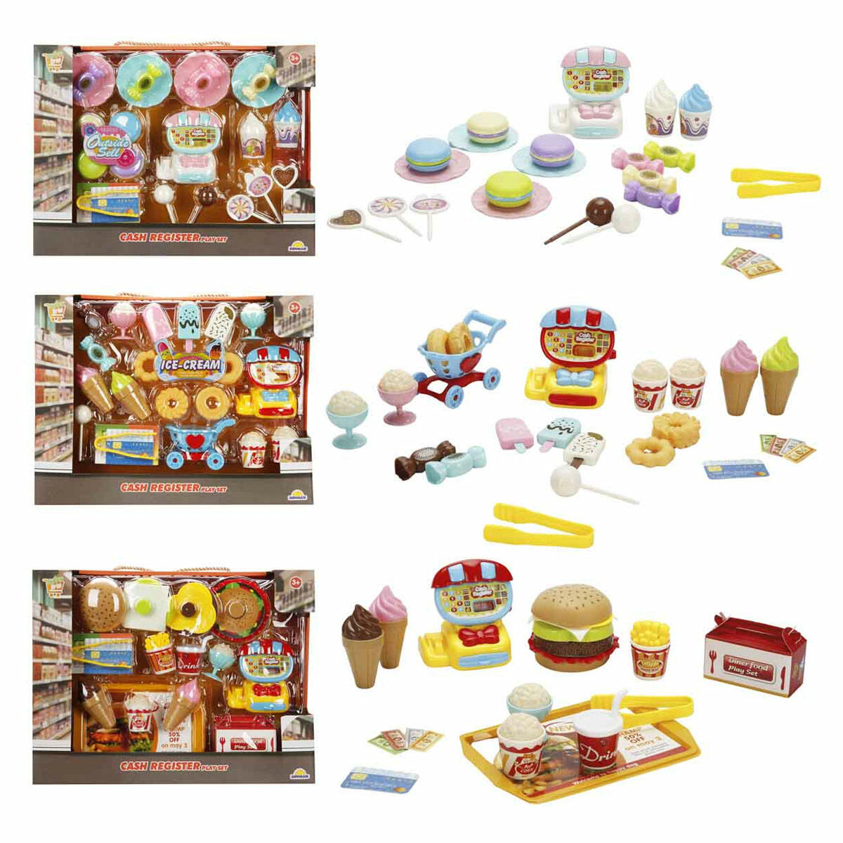 Mini Yazar Kasalı Alışveriş Seti | Hamburger, Tatlı ve Dondurma Temalı | Eğitici Market ve Restoran Oyun Seti