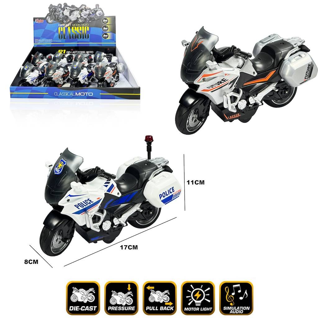 Çek Bırak Sesli ve Işıklı 1:10 Die-Cast Klasik Güvenlik Motosiklet