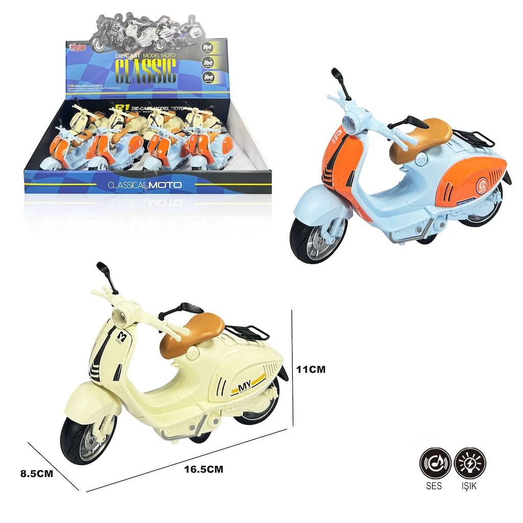 Çek Bırak Sesli ve Işıklı 1:10 Die-Cast Klasik Vespa Motosiklet