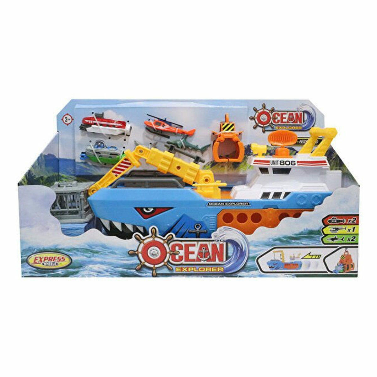 Express Wheels Okyanus Kaşifi Oyun Seti | Köpek Balıklı Gemi Ve Su Püskürten Denizaltı | 360 Derece Vinçli İnteraktif Deniz Üssü